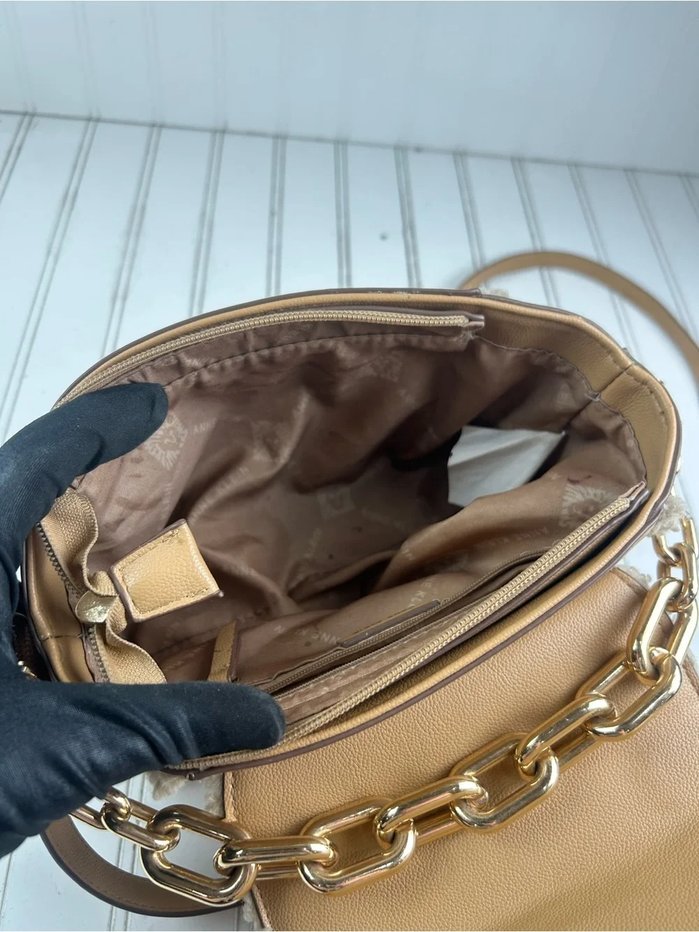 Anne Klein Vintage Y2K Mixed Media Sherpa Crossbody Satchel Brown Pearl Accent - Picture 6 of 15